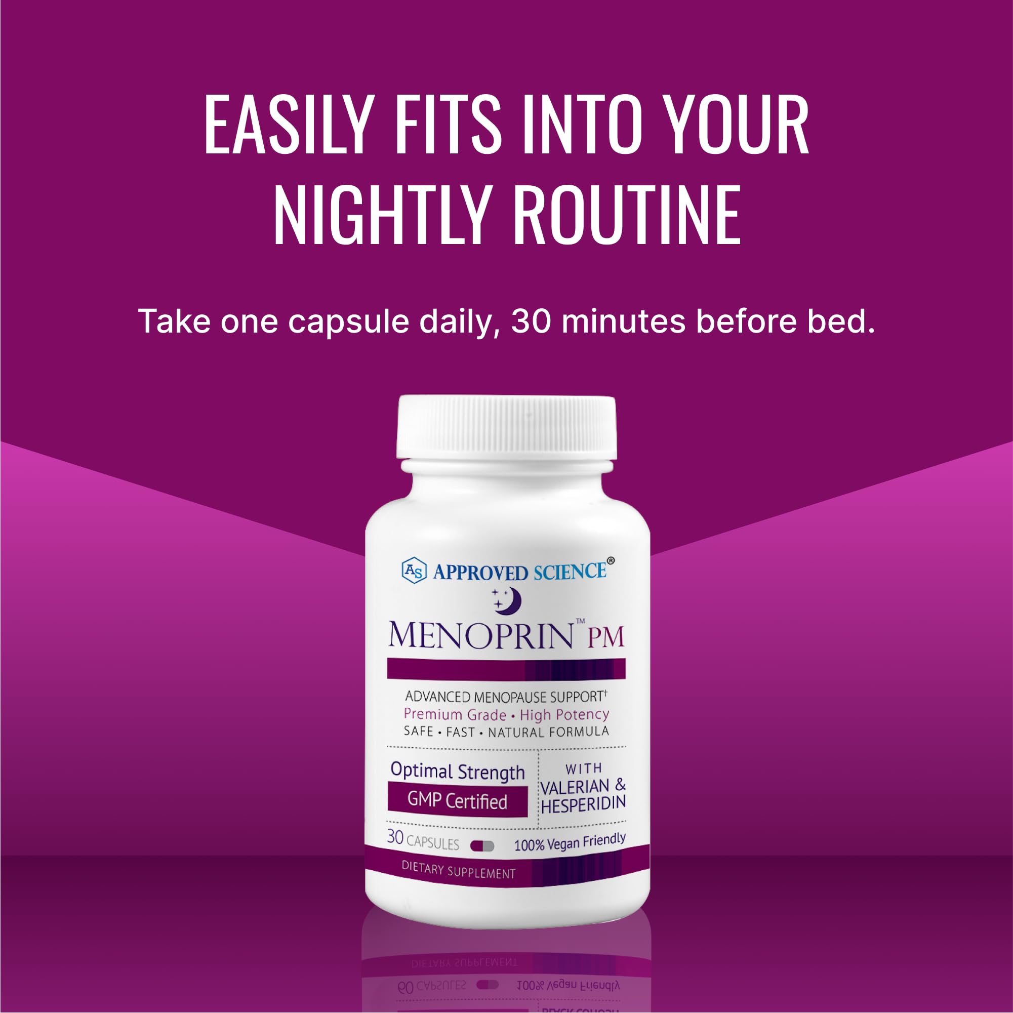 Approved Science Menoprin PM packaging displays day and night formulas for balanced routine.