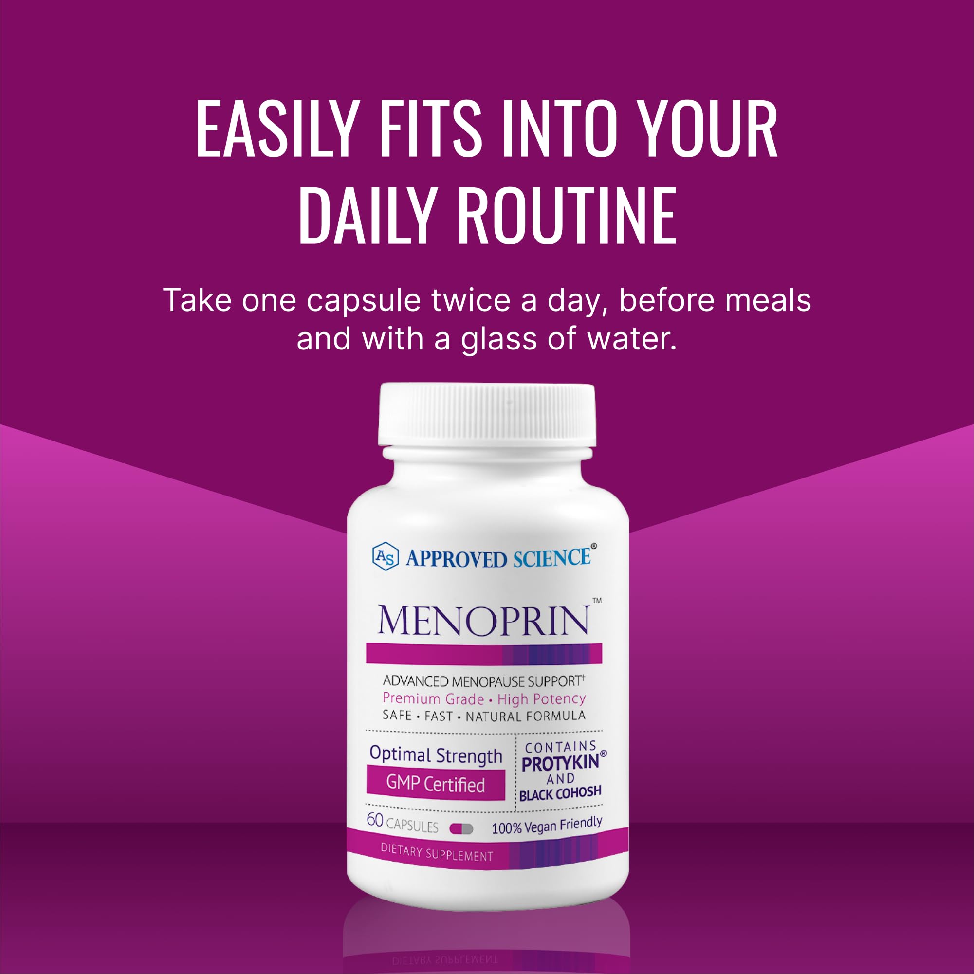 Approved Science Menoprin vegan label highlighting GMO-free formula