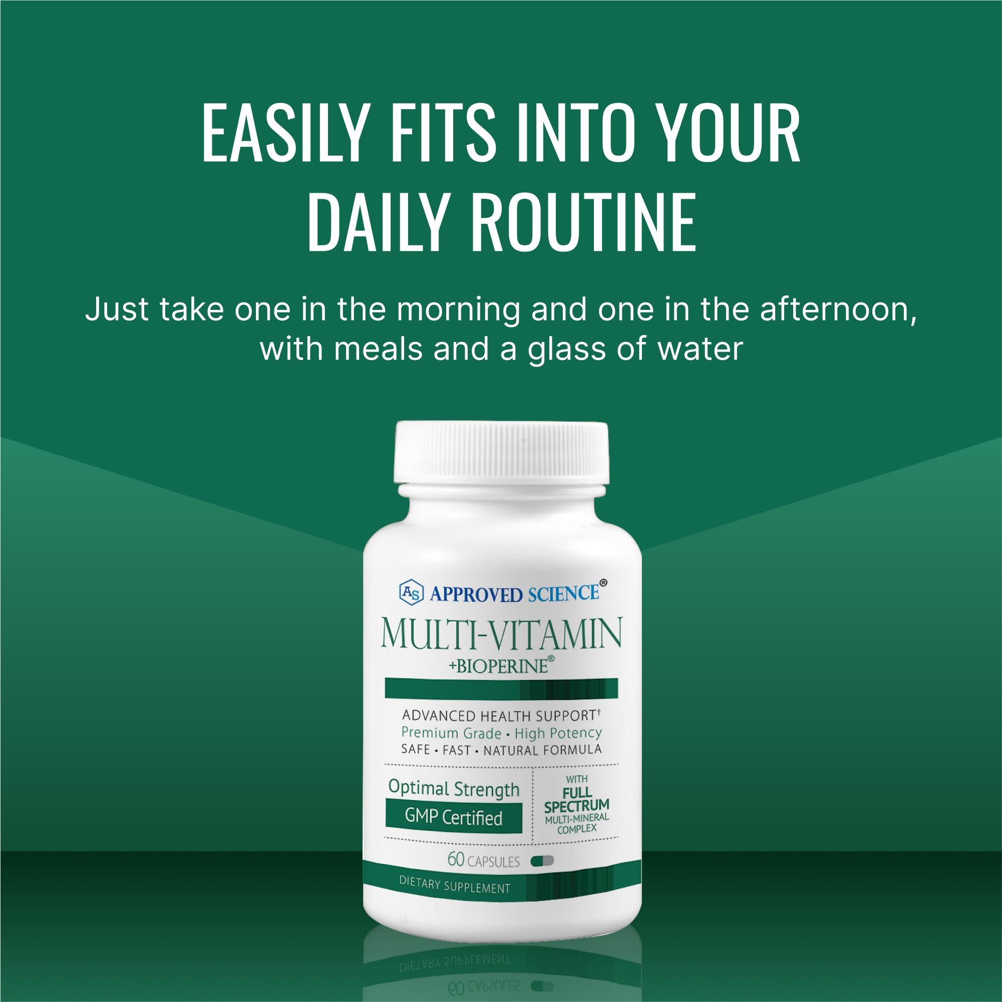 Approved Science Multi-Vitamin ingredients panel emphasizing antioxidants and BioPerine.