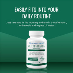 Approved Science Multi-Vitamin ingredients panel emphasizing antioxidants and BioPerine.