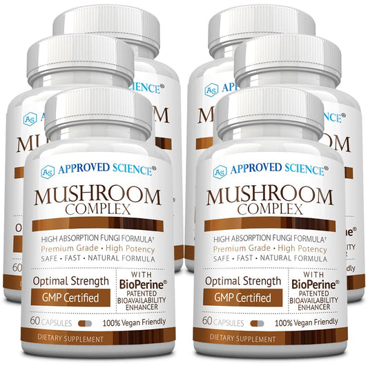 Approved Science Mushroom Complex bottle front, convenient daily immune and cognitive support.