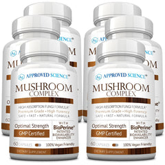 Approved Science Mushroom Complex bottle front, convenient daily immune and cognitive support.
