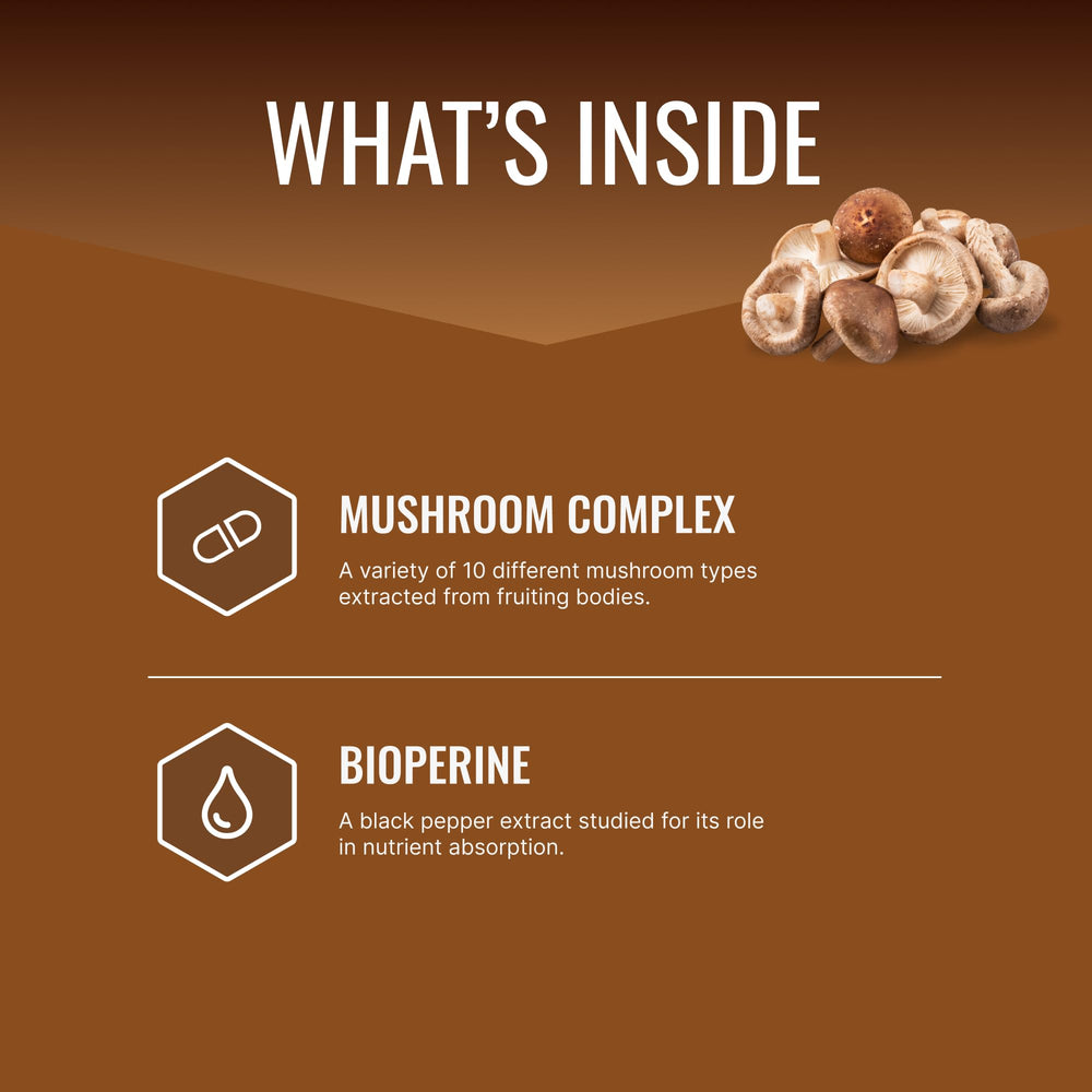 Approved Science Mushroom Complex capsules close-up, vegan formula for holistic wellness.