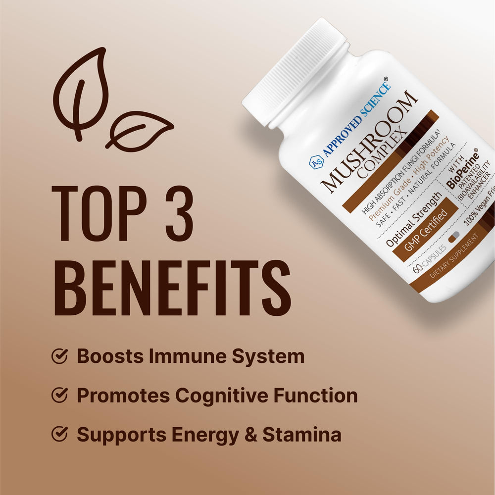 Approved Science Mushroom Complex label close-up, quality-tested, natural mushroom blend.