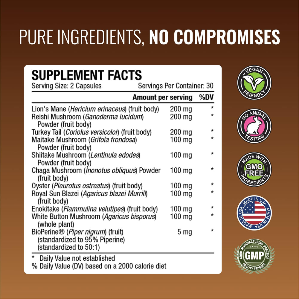 Approved Science Mushroom Complex serving scoop with powder, easy daily mixing.