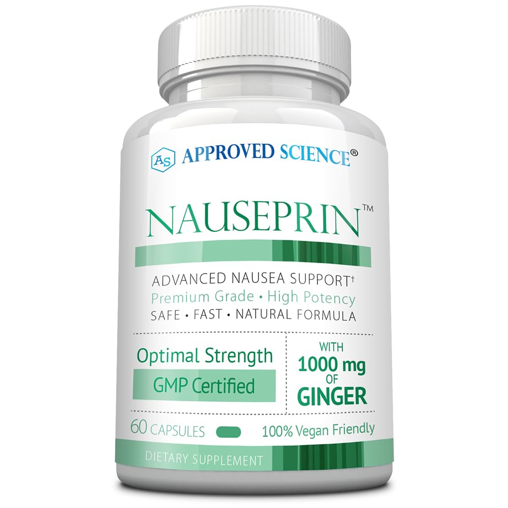 Approved Science Nauseprin bottle-front-view showing ginger capsules for digestive comfort.