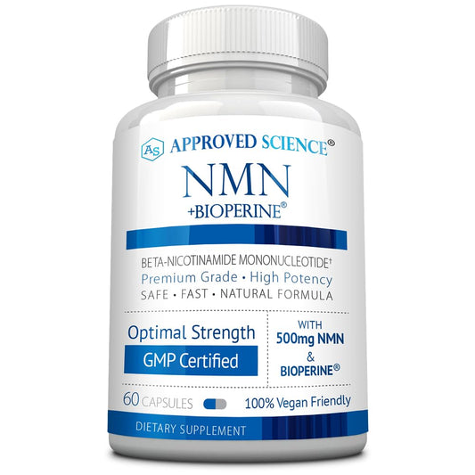 Approved Science NMN 500mg bottle showing stability and energy support potential