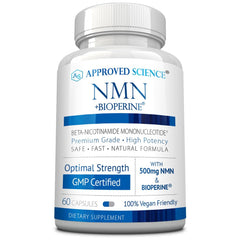 Approved Science NMN 500mg bottle showing stability and energy support potential