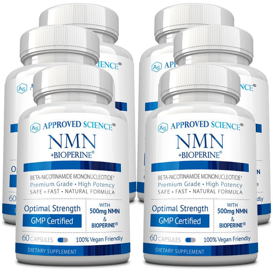 Approved Science NMN bottle front showing label and daily energy support.