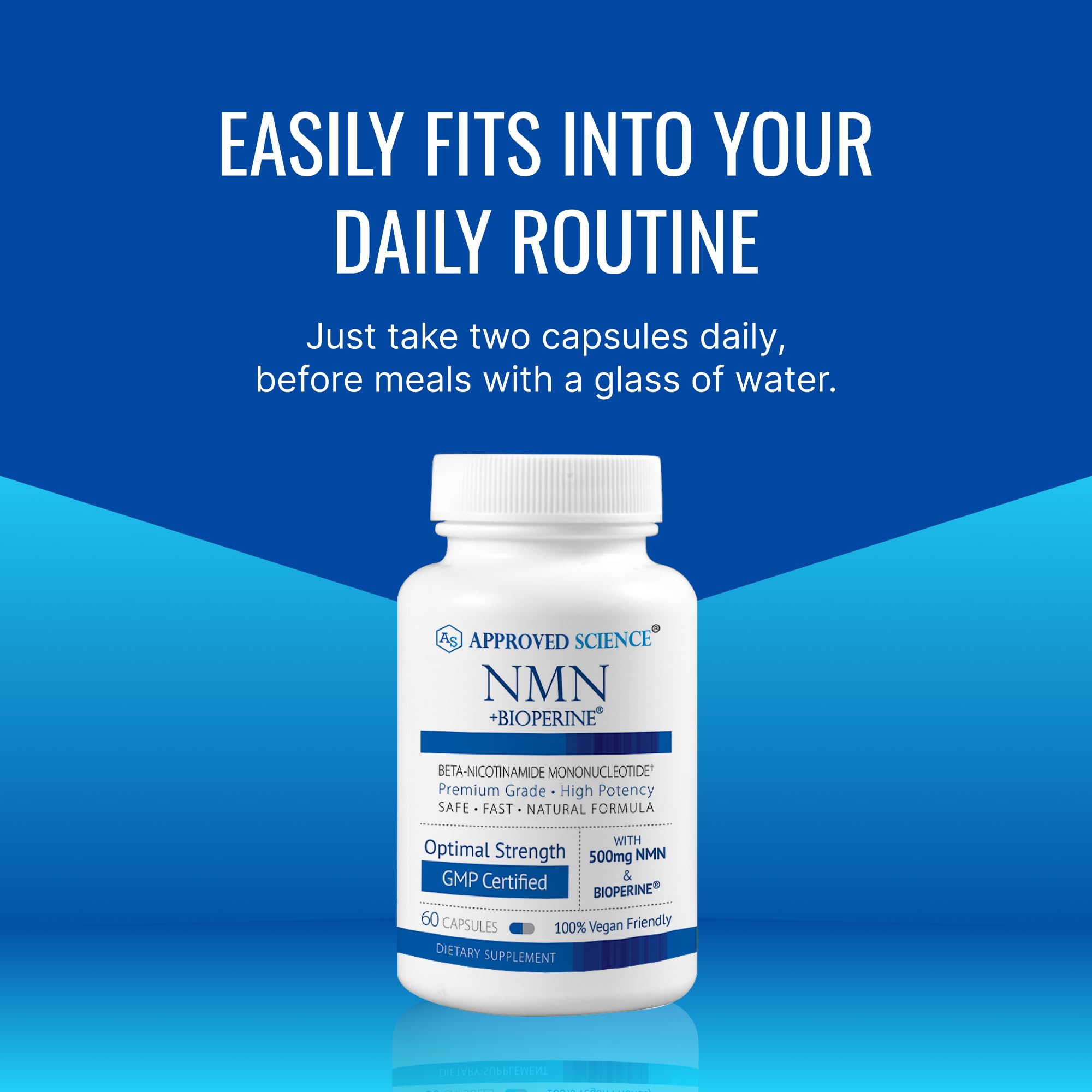 Approved Science NMN bottle with glass and timer illustrating daily routine.