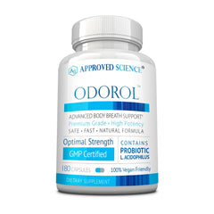 Approved Science Odorol bottle front for fresh breath support throughout the day