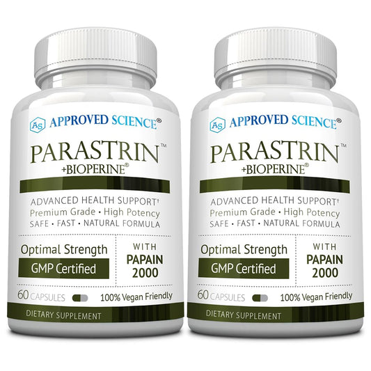 Approved Science Parastrin bottle pour shows easy daily dosing for gut support.