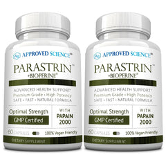 Approved Science Parastrin bottle pour shows easy daily dosing for gut support.
