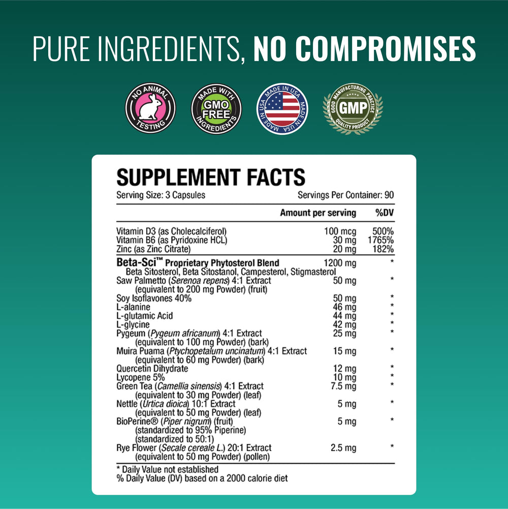 Approved Science Prostarex sterol-blend shown with beta-sitosterol details for potential urinary support