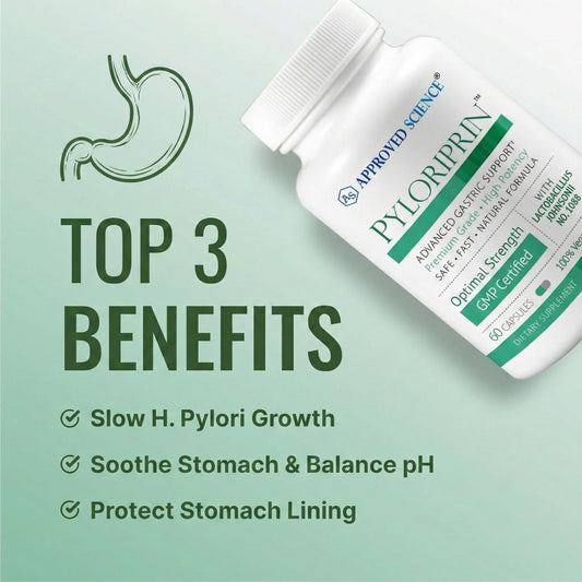 Approved Science Pyloriprin capsules closeup for gentle daily support