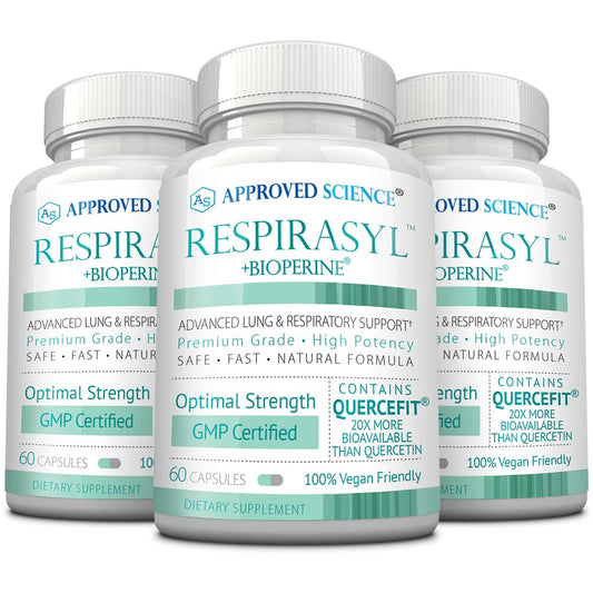Approved Science Respirasyl bottle label highlighting the extra-strength Quercefit blend.