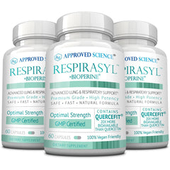 Approved Science Respirasyl bottle label highlighting the extra-strength Quercefit blend.