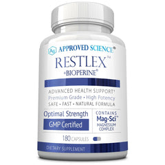Approved Science Restlex bottle cap close-up, showcasing easy-to-swallow capsules for nighttime calm.