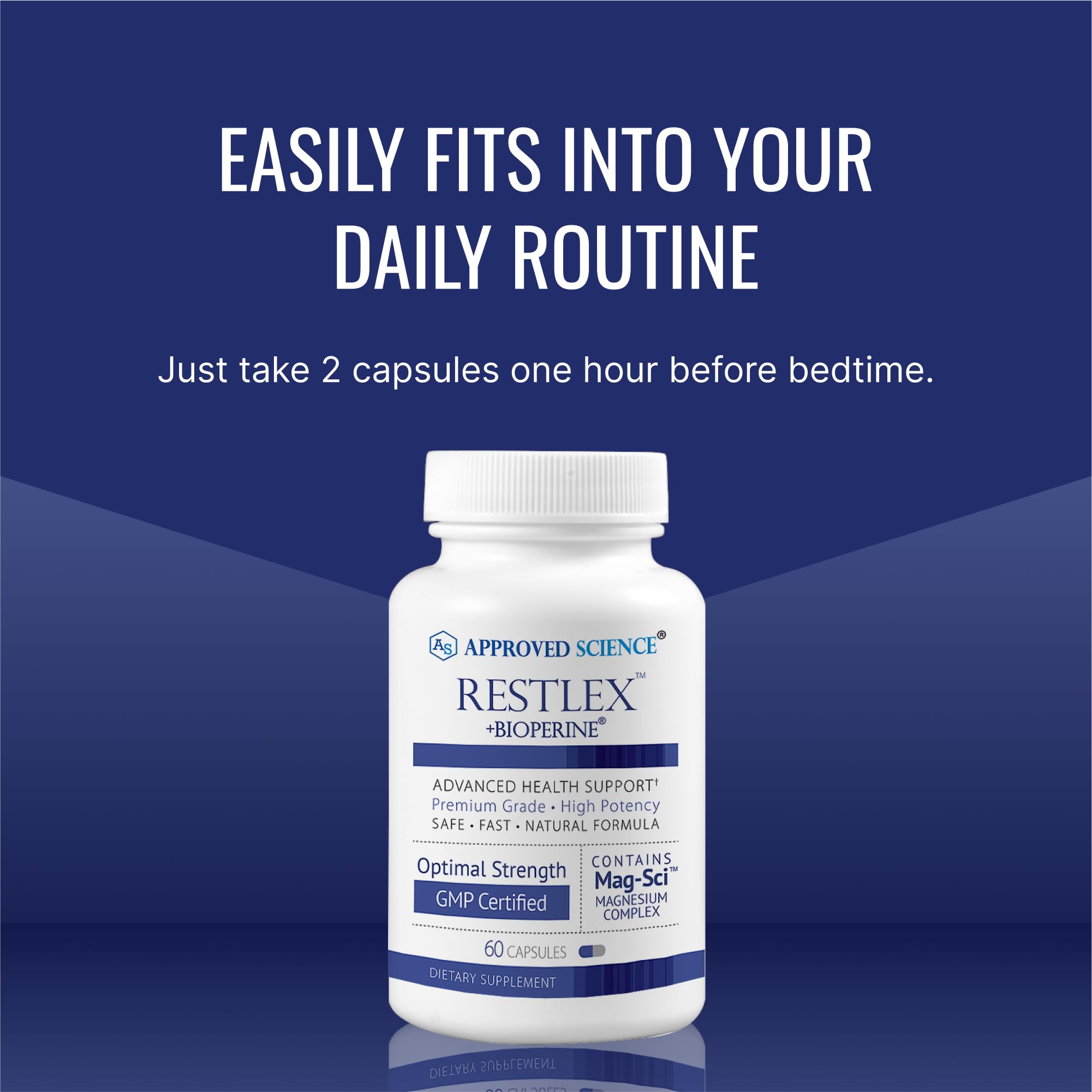 Restlex ingredient list graphic emphasizing magnesium and B vitamins.