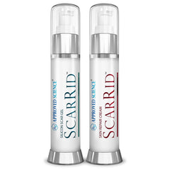 Approved Science Scarrid gel bottle showing the two-step scar care system.