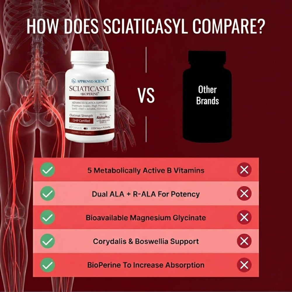 Approved Science Sciaticasyl packaging on shelf highlights Boswellia Serrata and Corydalis botanicals