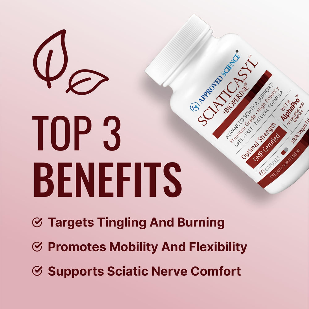 Approved Science Sciaticasyl capsules being poured highlight B vitamin support for energy and nerve function
