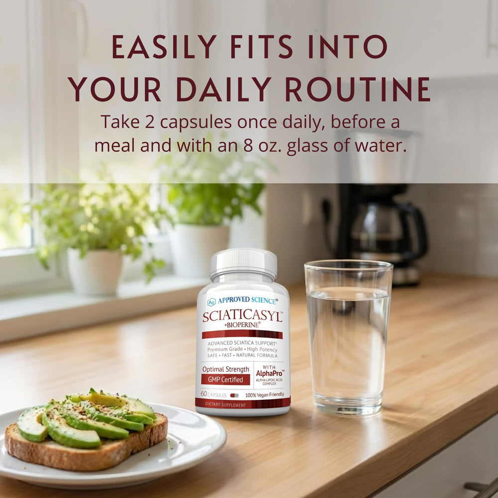 Approved Science Sciaticasyl multiple capsules suggesting vegan nerve support option.
