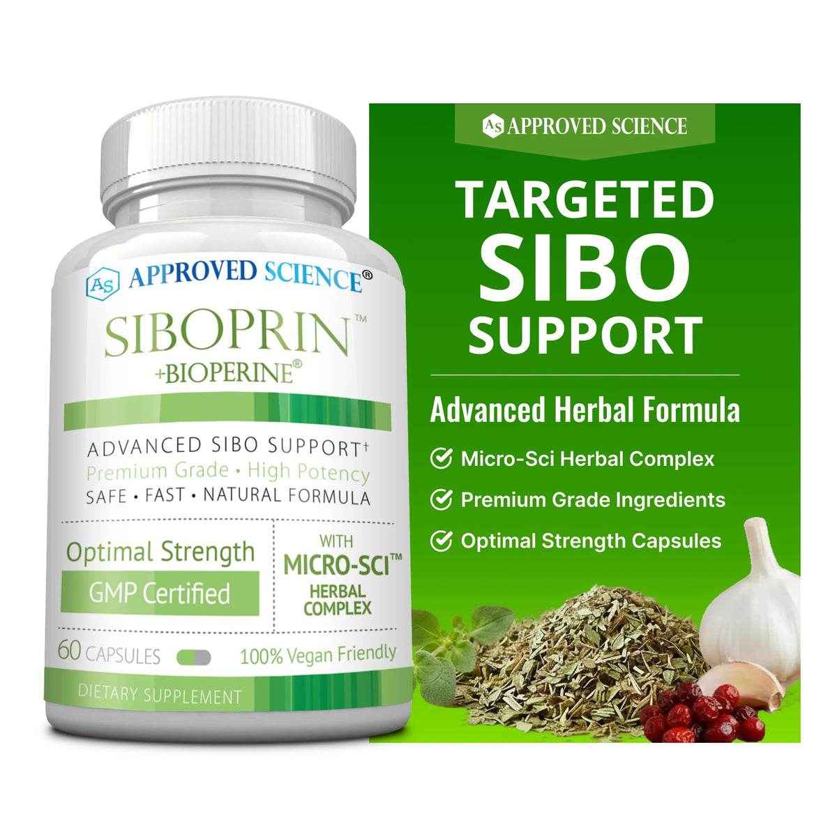 Approved Science Siboprin bottle front for daily gut balance support.