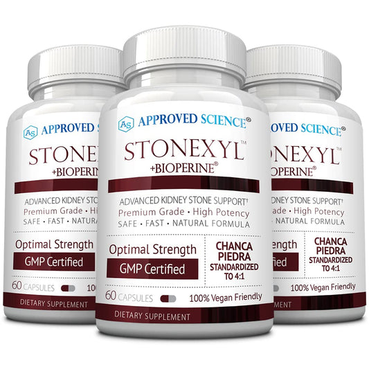Approved Science Stonexyl bottle front highlighting vegan formula for herbal stone support