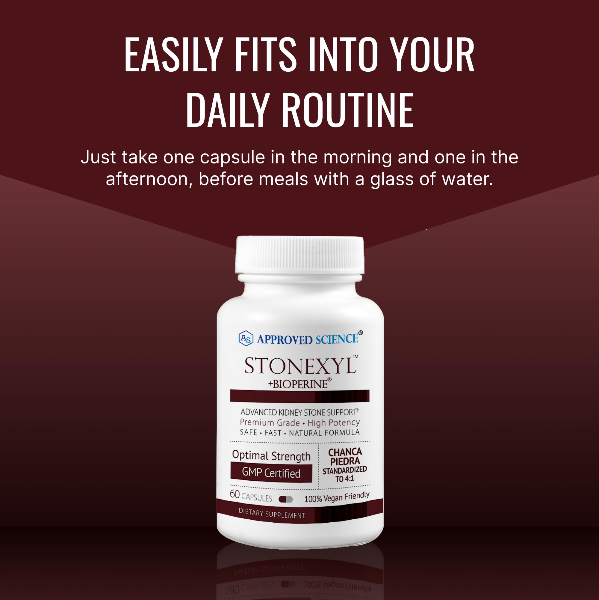 Packaging displays vegan, non‑GMO, and GMP-USA certifications for Stonexyl