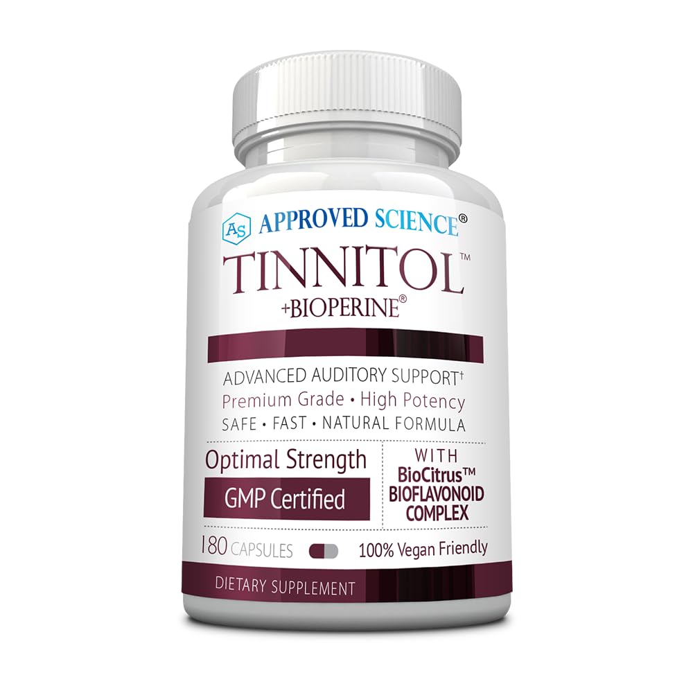Approved Science Tinnitol bottle front view for tinnitus support on a desk.