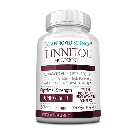 Approved Science Tinnitol bottle front view for tinnitus support on a desk.