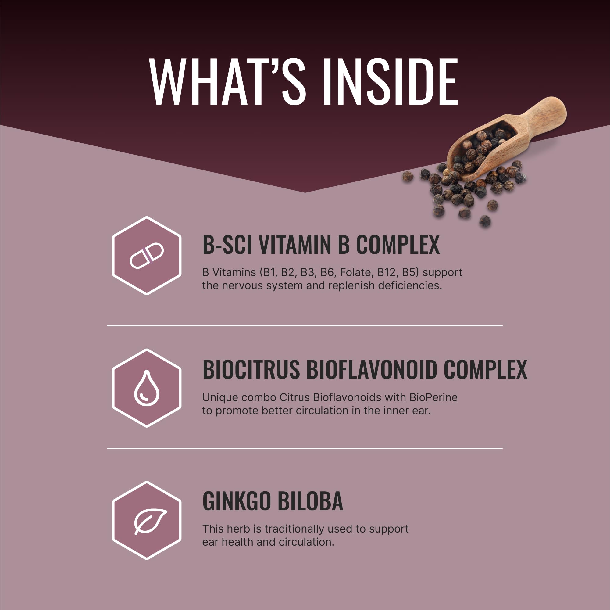 Approved Science Tinnitol bottle label close-up highlighting inner ear health ingredients.