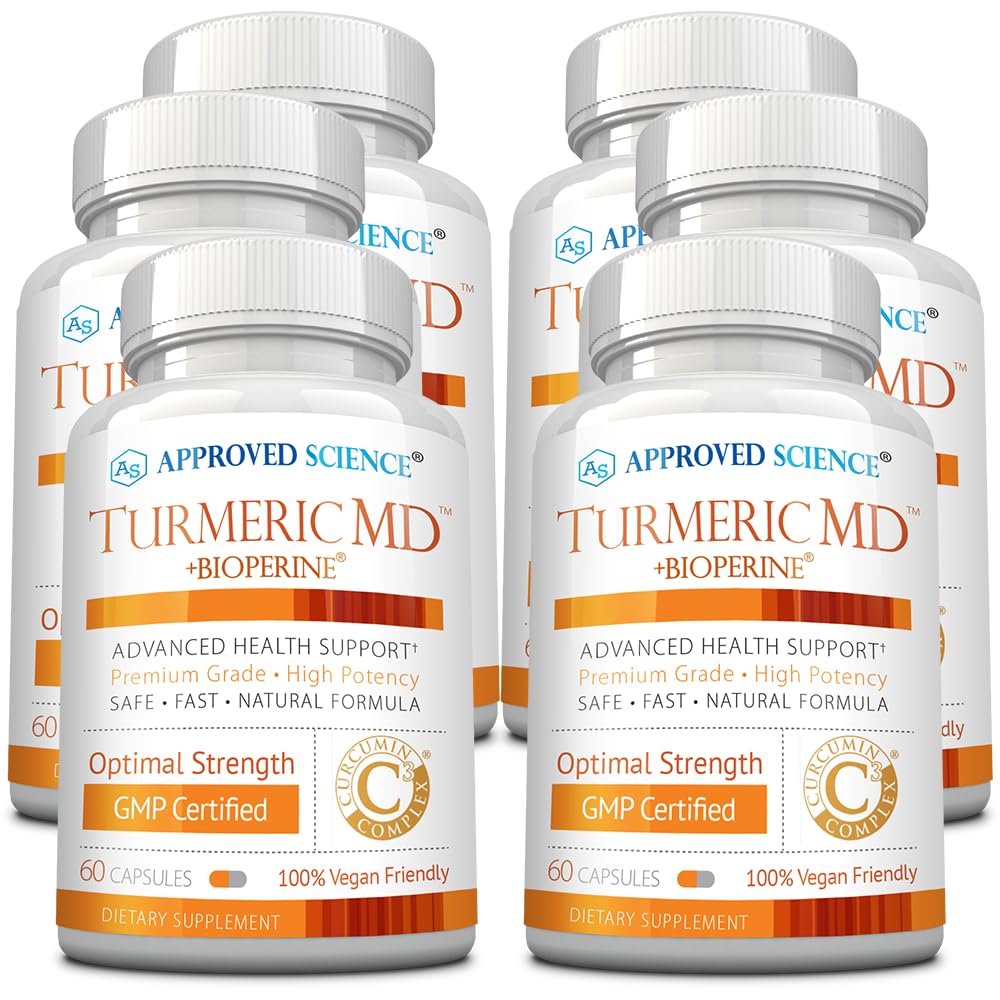 Approved Science Turmeric MD bottle front view with 360 capsules for six-month supply.