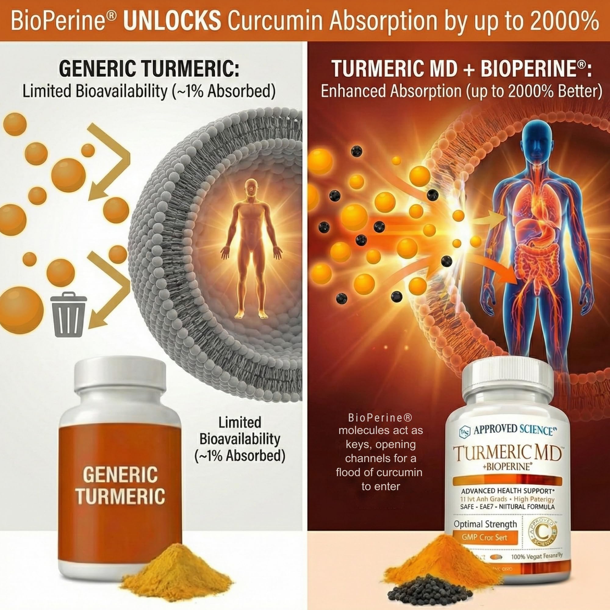 Approved Science Turmeric MD bottle on a kitchen counter supporting everyday vitality.