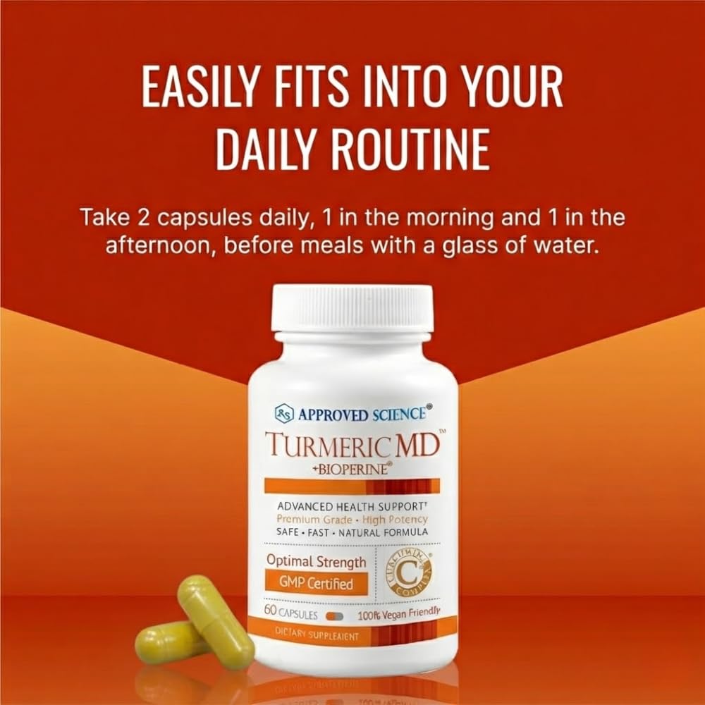 Approved Science Turmeric MD vegan capsules with no artificial colors.