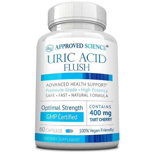 Approved Science Uric Acid Flush bottle front shows vegan capsules for joint support potential