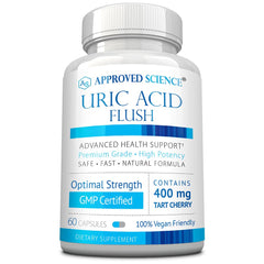 Approved Science Uric Acid Flush bottle front shows vegan capsules for joint support potential