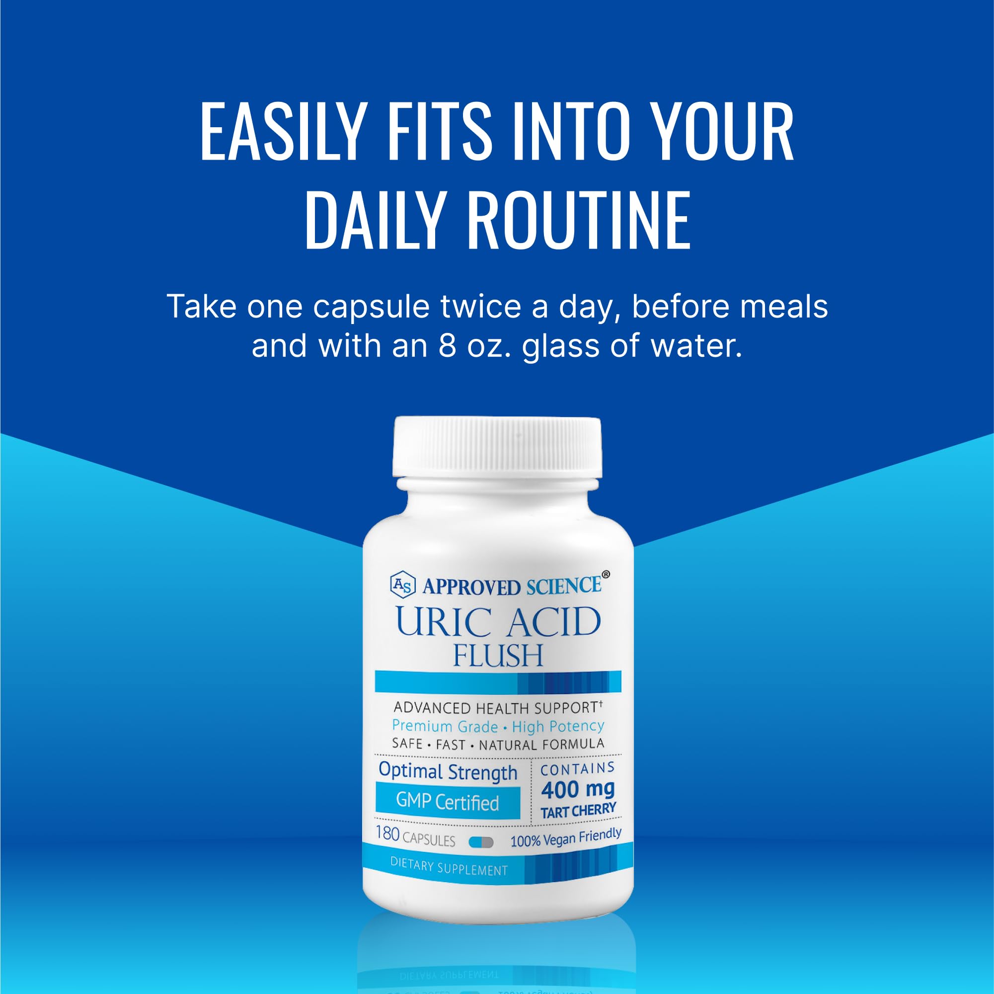 Approved Science Uric Acid Flush two-bottle display shows six-month supply