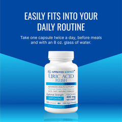 Approved Science Uric Acid Flush two-bottle display shows six-month supply