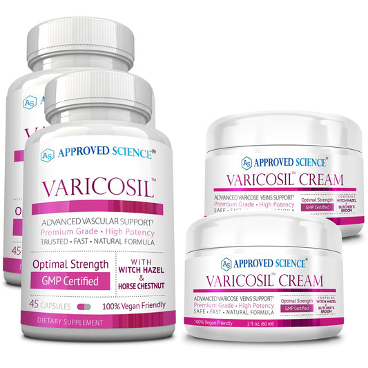 Approved Science Varicosil capsules bottle supports daily leg comfort.