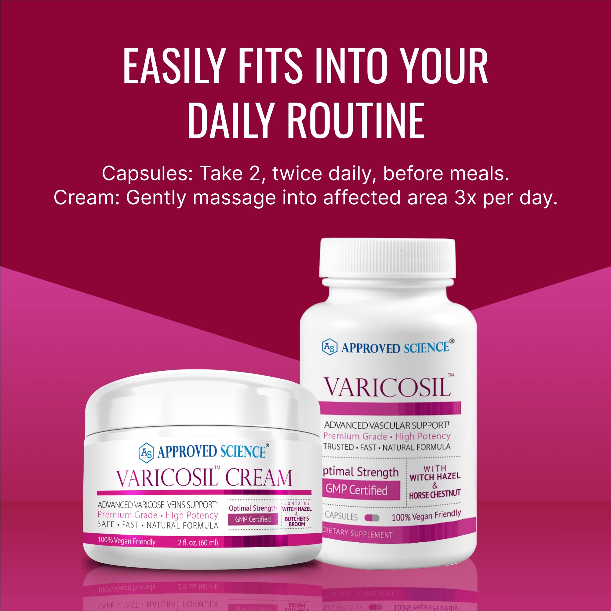 Approved Science Varicosil capsules close-up showing vegan formulation.