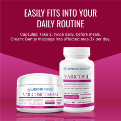 Approved Science Varicosil capsules close-up showing vegan formulation.