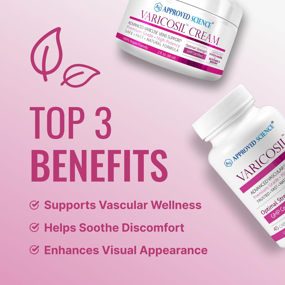 Varicosil packaging box highlights 45 capsules and 2 oz cream.