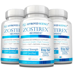 Approved Science Zosterex bottle front label shows 1000 mg L-Lysine for immune support