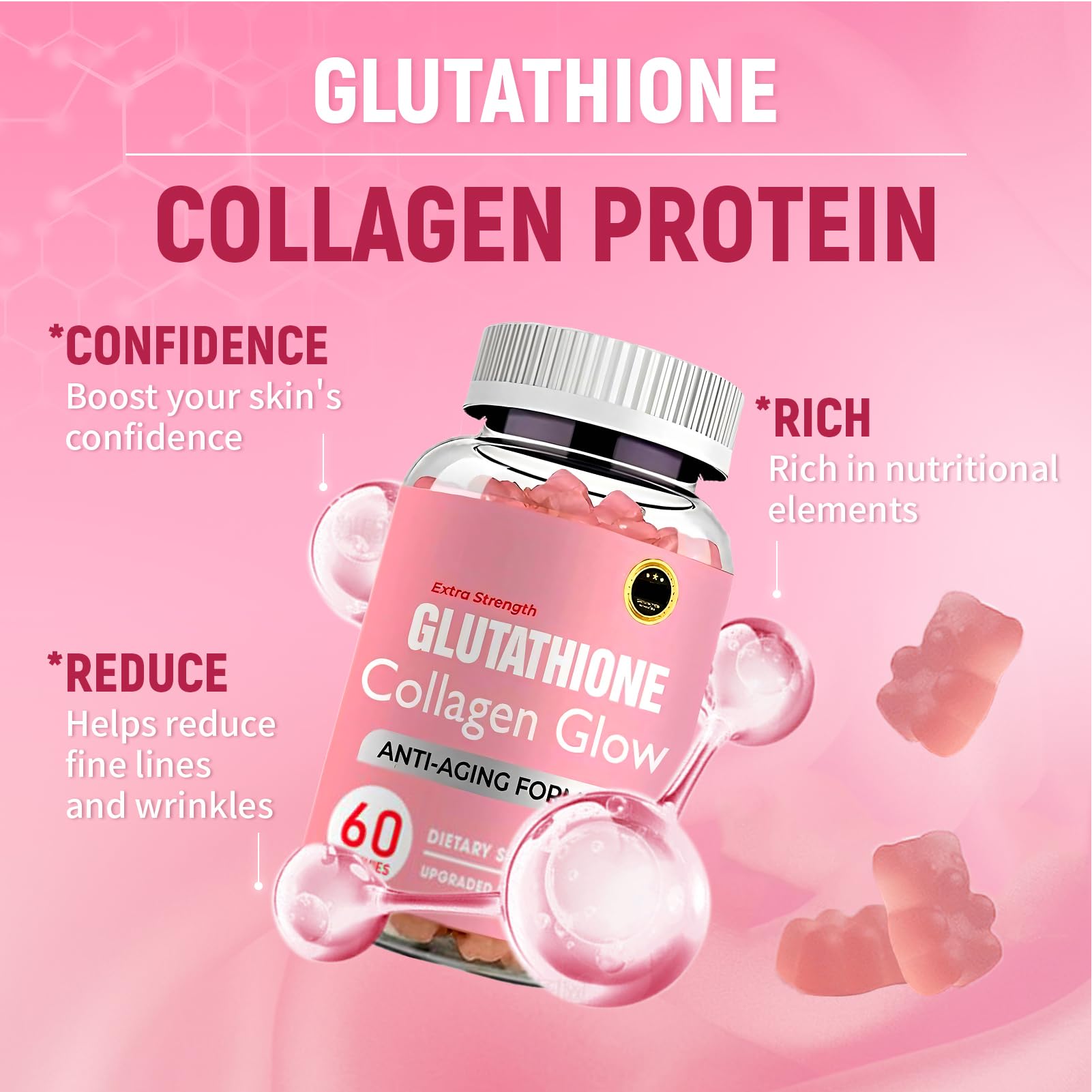 AQILUN glutathione collagen glow gummies bottle highlights potent formula for radiant-looking skin