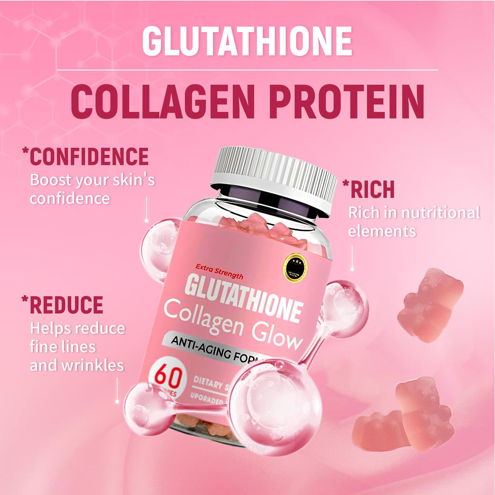 AQILUN glutathione collagen glow gummies bottle highlights potent formula for radiant-looking skin