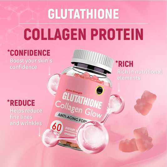 AQILUN glutathione collagen glow gummies bottle highlights potent formula for radiant-looking skin