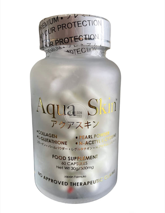 Aqua Skin Glutathione bottle front view in premium frosted glass packaging