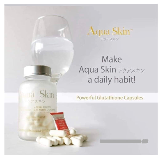 Aqua Skin Glutathione label close-up, showing Made in Japan and certifications